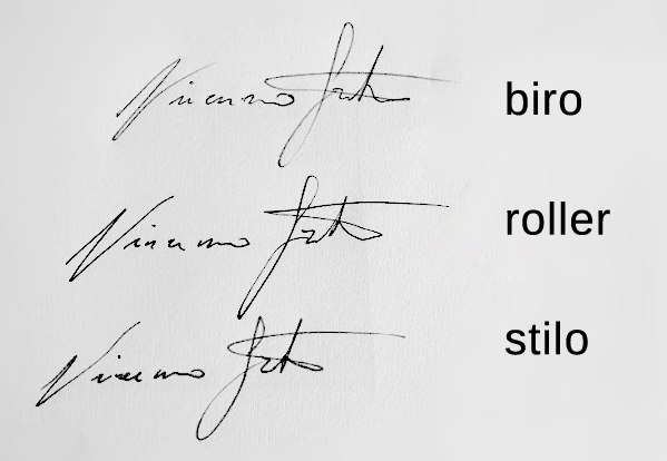 Confronto del tratto tra penna biro, roller e stilografica